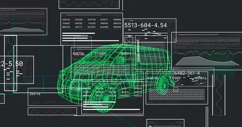 Visualizing neon green wireframe car model floating in 3D modeling interface, Illustrazione stock