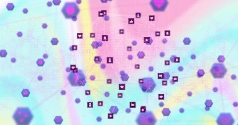 Visualizing network connecting hexagonal and circular nodes with icons, lines in Illustrazione stock