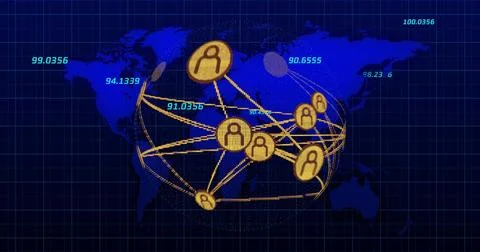 Visualizing network with glowing lines on dark blue grid, golden user icons and Stock Illustration