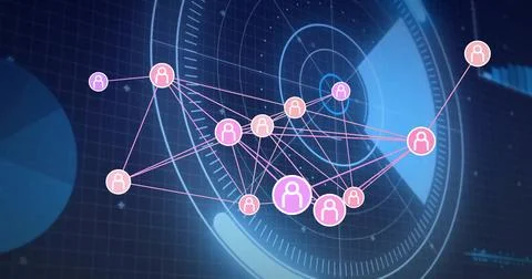Visualizing network graph showing glowing avatar icons in dashboard, with Stock Illustration