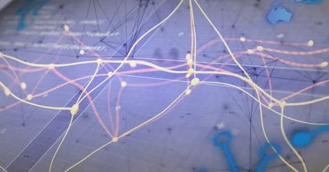 Visualizing network graph sweeping across data interface, with glowing curved Stock Photos
