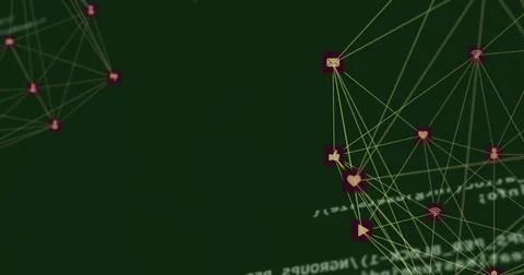 Visualizing network nodes connecting on dark interface with maroon email like Stock Illustration