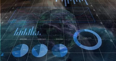 Visualizing planet Earth above space backdrop, featuring grid overlay and line 스톡 사진