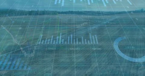 Visualizing plowed land displaying data overlays in farmland, with bar charts 스톡 일러스트