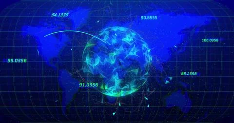 Visualizing polygonal globe streaming network lines in grid, with curved arcs, Illustrazione stock