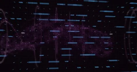 Visualizing purple network linking nodes on dashboard with dark grid overlay and 스톡 일러스트