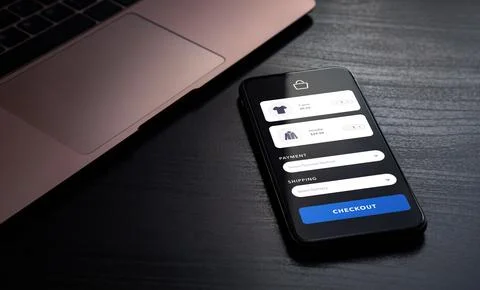 Visualizing seamless shopping experience. Mobile on wooden table displays Stock Illustration