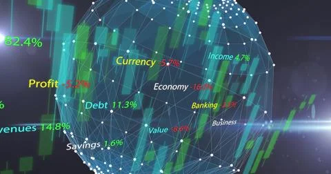 Visualizing spherical network mesh floating in digital space with green red 스톡 사진