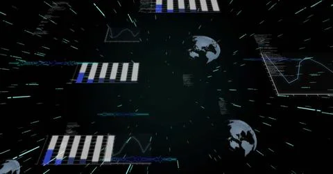 Visualizing streams in net, with rotating Earth globes, charts, graphs, code Stock Illustration