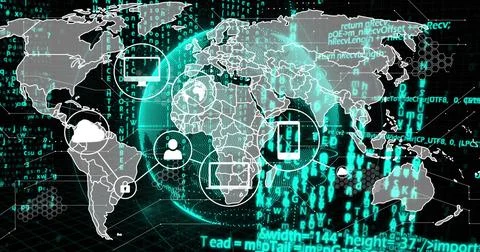 Visualizing teal wireframe globe linking cloud padlock user monitor tablet icons Illustrazione stock