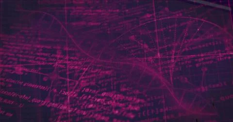Visualizing translucent DNA helix entwining with magenta code lines in data Stock Illustration