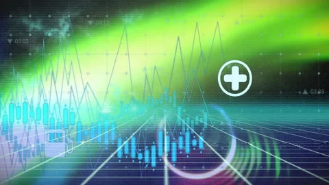 Visualizing white plus icon hovering above neon candlestick charts, line graphs, Stock Footage 308658789