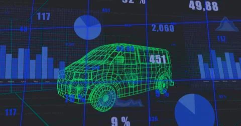 Visualizing wireframe car on virtual dashboard, showing bar pie line charts with Illustrazione stock
