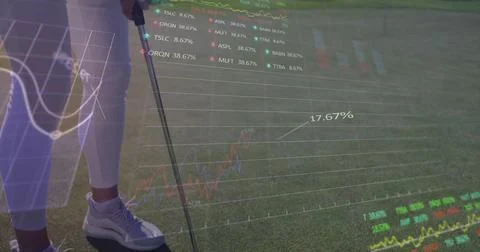 Visualizing woman golfer analyzing data overlays on putting green, with golf Stock Photos