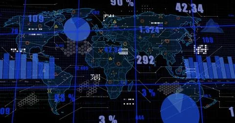 Visualizing world map HUD showing pie charts, bars, numeric overlays, hex Stock Illustration