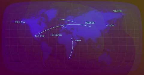 Visualizing world map projecting neon data arcs on data dashboard, grid overl 写真素材