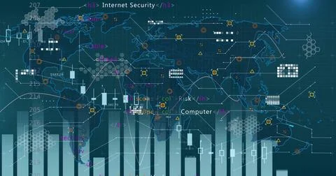 Visualizing world map tracing global links on dark teal grid, showing Illustrazione stock