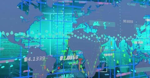 Visualizing world map on virtual trading dashboard, showing candlesticks, 스톡 사진