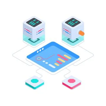 Visually appealing isometric illustration showing digital library with open Stock Illustration