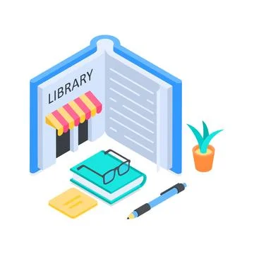 Visually appealing isometric illustration showing digital library with open Stock Illustration