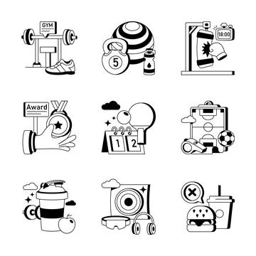 A visually appealing ouline illustrations pack of gym and sports equipment Stock-Illustration