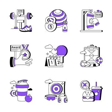 A visually appealing ouline illustrations pack of gym and sports equipment Stock-Illustration