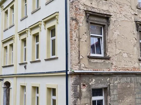 Visually documenting building transformation process. Portal showing before.. Stock Photos