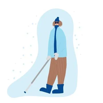 Visually impaired character with cane dressed in warm trendy clothes. Blind p Stock Illustration