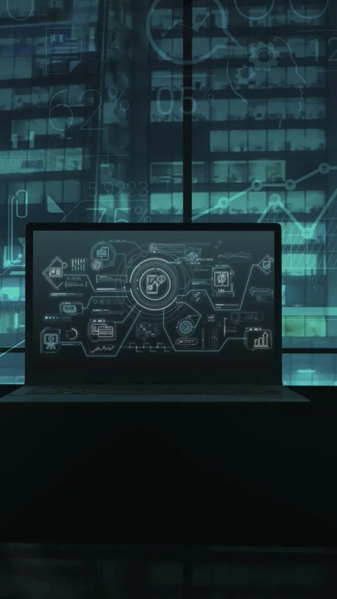 Visuals of smartphone fiscal tools on laptop screen Stock Footage 345667292