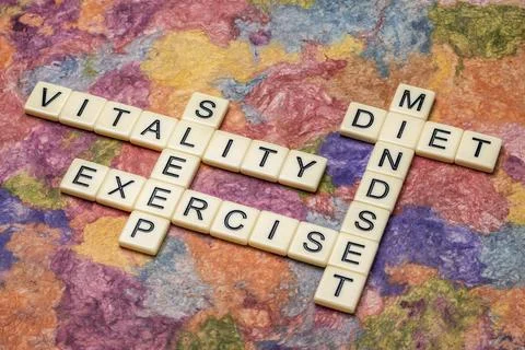 Vitality, mindset, exercise, diet and sleep crossword Stock Photos