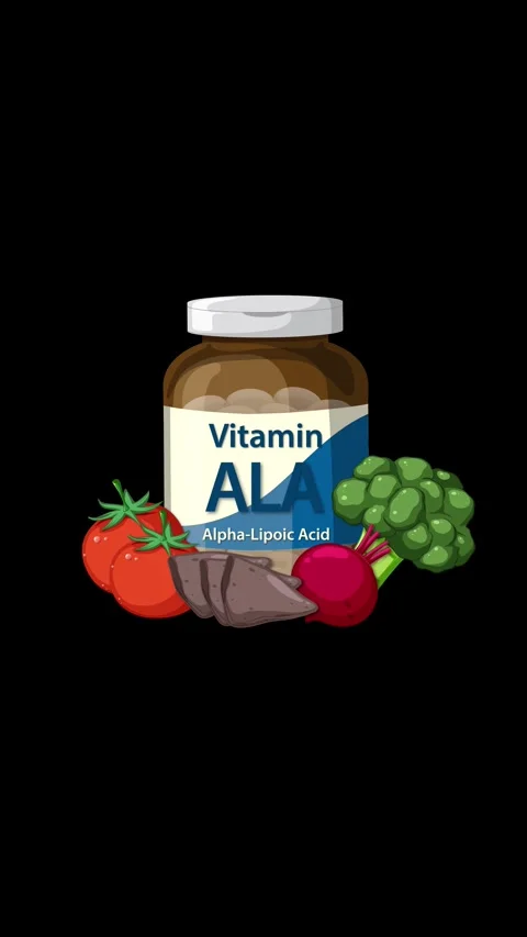 Vitamin ALA Supplement Bottle Surrounded by Fresh Vegetables Animation Stock Footage 317602242