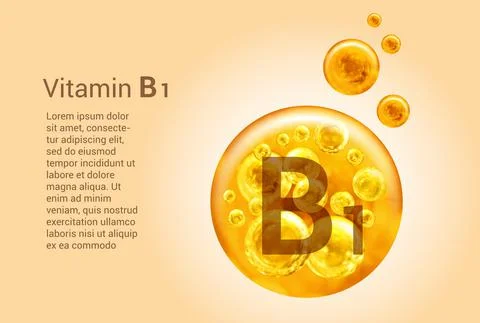 Vitamin B1. Baner with vector images of golden balls with oxygen bubbles. Hea Stock Illustration