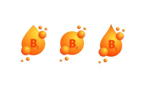 Vitamin B1 icon set. Shining golden drop of substance. Vitamin complex with c Stock Illustration