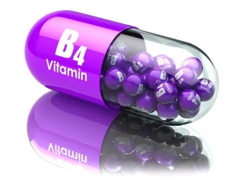 Vitamin B4 capsule or pill. Dietary supplements. 3d illustration 库存插图