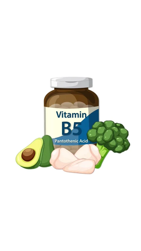 Vitamin B5 Supplement Bottle Surrounded by Healthy Food Sources Animation Vídeos de archivo 317365664