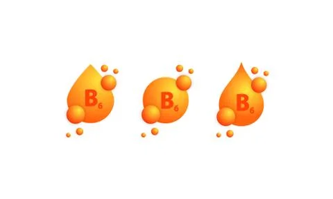 Vitamin B6 icon set. Shining golden drop of substance. Beauty treatment nutri Stock Illustration