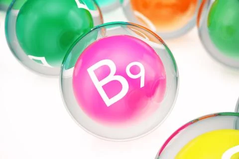 Vitamin B9 , isolated on white background. Symbol of health and longevity, 3d Stock Illustration