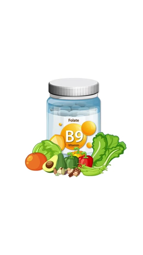 Vitamin B9 Supplement Bottle Surrounded by Fresh Vegetables Animation 库存影片 321384174