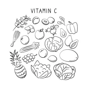Vitamin C ascorbic acid. Groups of healthy products containing vitamins. Set of Stock Illustration