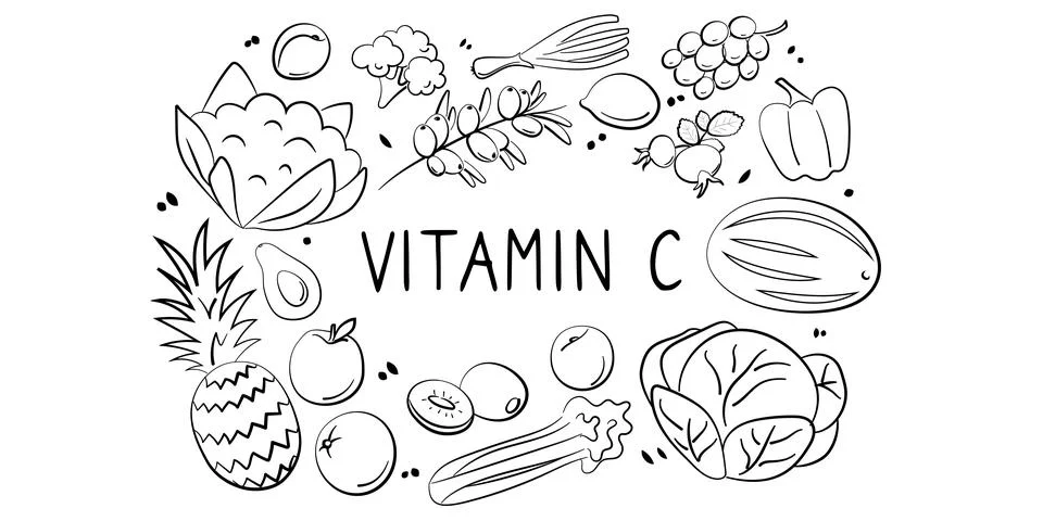 Vitamin C ascorbic acid. Groups of healthy products containing vitamins. Set  Stock Illustration