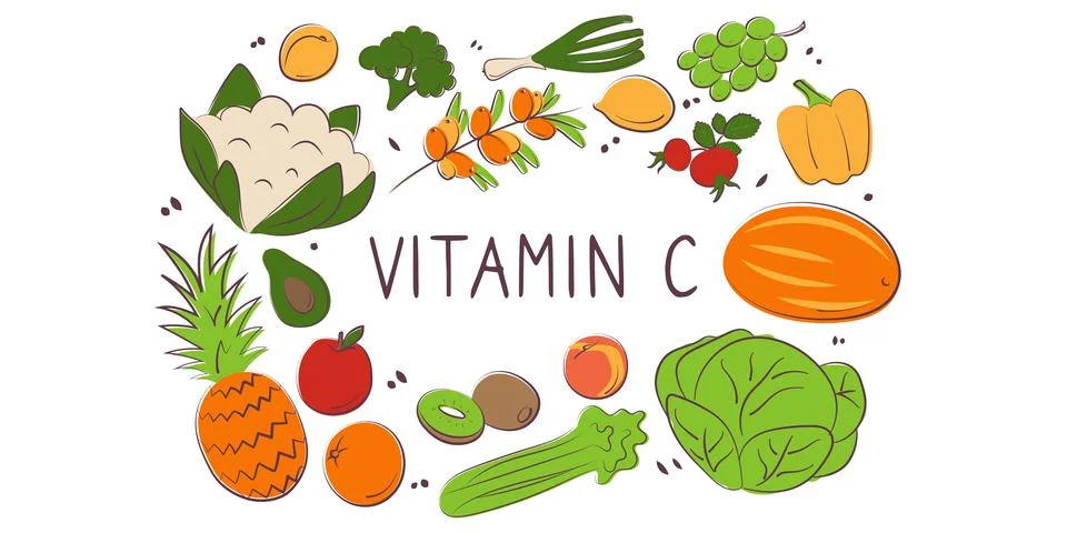 Vitamin C ascorbic acid. Groups of healthy products containing vitamins. Set  Stock Illustration
