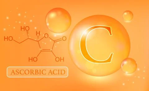 Vitamin C, Ascorbic acid, water drops, capsule on an orange gradient backgr.. Stock Photos