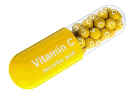 Vitamin C capsule, ascorbic acid. 3D rendering Vitamin C capsule, ascorbic... Stock Photos