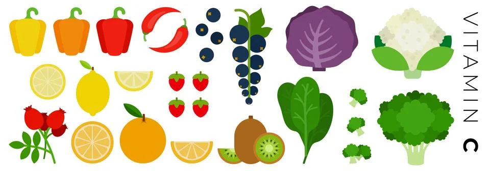 Vitamin C flat vector set icons fruits and vegetables. Foods high in calcium. Illustrazione stock