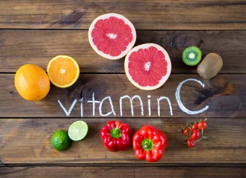 Vitamin C in fruits and vegetables. Natural products rich in vitamin C Stock Photos
