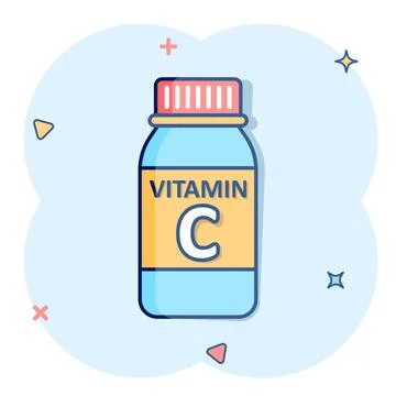 Vitamin C icon in comic style. Bottle with pill cartoon vector illustration o Stock Illustration