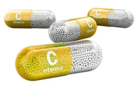 Vitamin-C-Kapseln, Ascorbinsäure. 3D-Rendering Vitamin C capsules, ascorbi.. Stock Photos