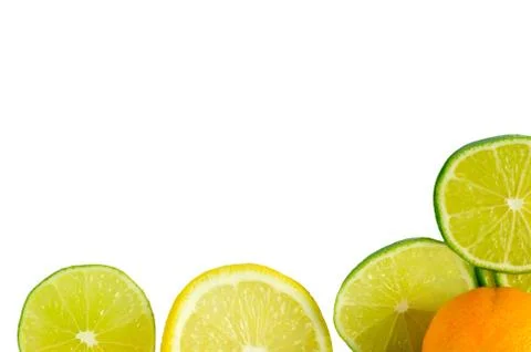 Vitamin C Overload, Stacks of sliced fruit isolated on white Stock Photos