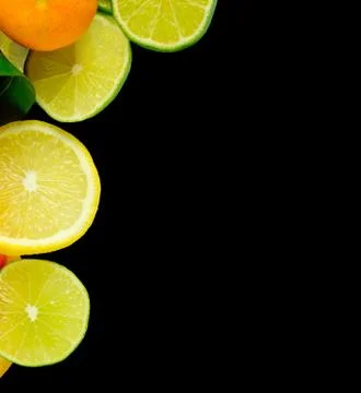 Vitamin C Overload, Stacks of sliced fruit isolated on white Stock Photos