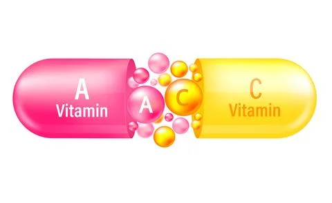 Vitamin complex A and C. Yelllow capsule and pink one with vitamin A and C on Stock Illustration